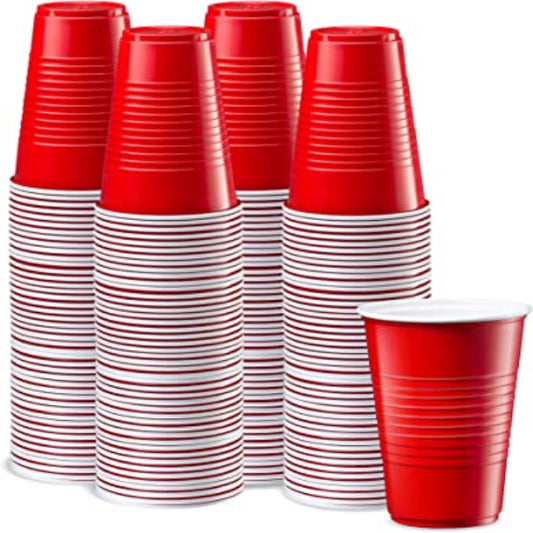 Stacks of Red Disposable Plastic Cups